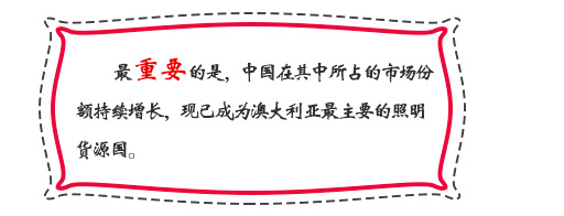 最重要的是，中國在其中所占的市場份額持續增長，現已成為澳大利亞最主要的照明貨源國。