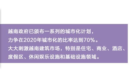 越南政府已頒布一系列的城市化計劃，力爭在2020年城市化的比率達到70%。大大刺激越南建筑市場，特別是住宅、商業、酒店、度假區、休閑娛樂設施和基礎設施領域。