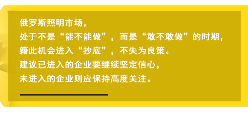 俄羅斯照明市場，處于不是“能不能做”，而是“敢不敢做”的時期，籍此機會進入“抄底”，不失為良策。建議已進入的企業要繼續堅定信心，未進入的企業則應保持高度關注。