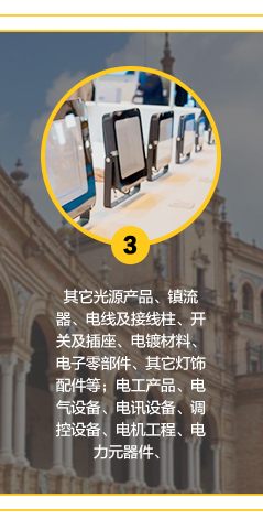 其它光源產品、鎮流器、電線及接線柱、開關及插座、電鍍材料、電子零部件、其它燈飾配件等。電工產品、電氣設備、電訊設備、調控設備、電機工程、電力元器件、